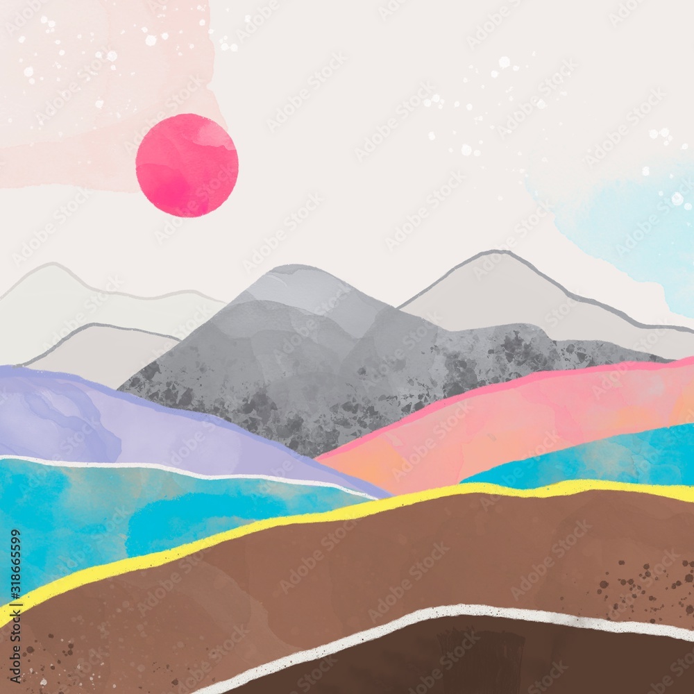 Fototapeta Abstract landscape. Water, mountains, fields and the pink sun. Totally Hand drawn colorful digital illustration. Various textures