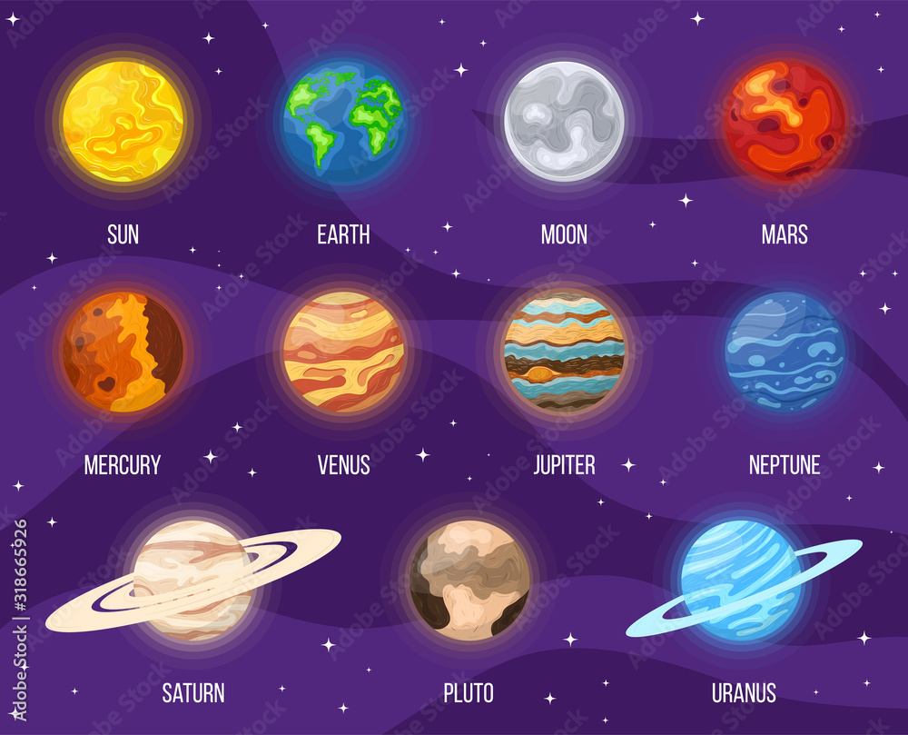 Naklejka premium Set of cartoon solar system planets in space. Colorful universe with sun, moon, earth, stars and system planets. Vector illustration for any design.