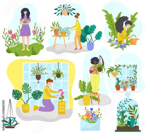 People growing houseplants and flowers, gardening hobby vector illustration