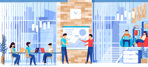 People working in modern spacious business company office, vector illustration