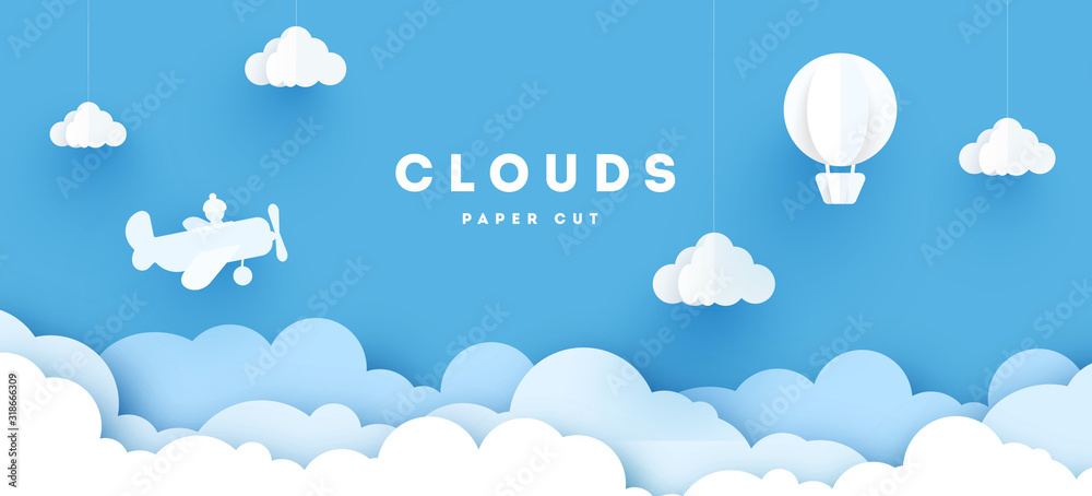 Naklejka Nowoczesne papierowe chmury, samolot, sztandar i góry. Puszyste chmury kreskówka. Pastelowe kolory. Styl origami. Ilustracji wektorowych