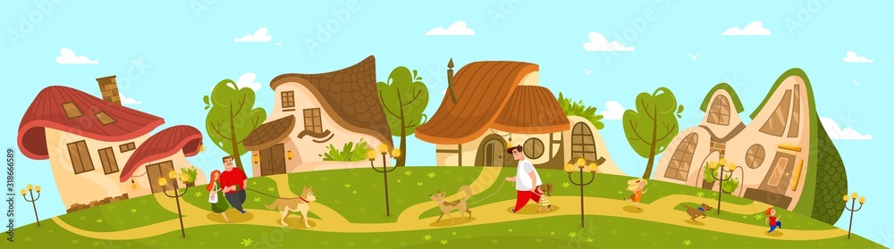 Fototapeta premium Fantasy village cottage, idyllic countryside lifestyle, vector illustration