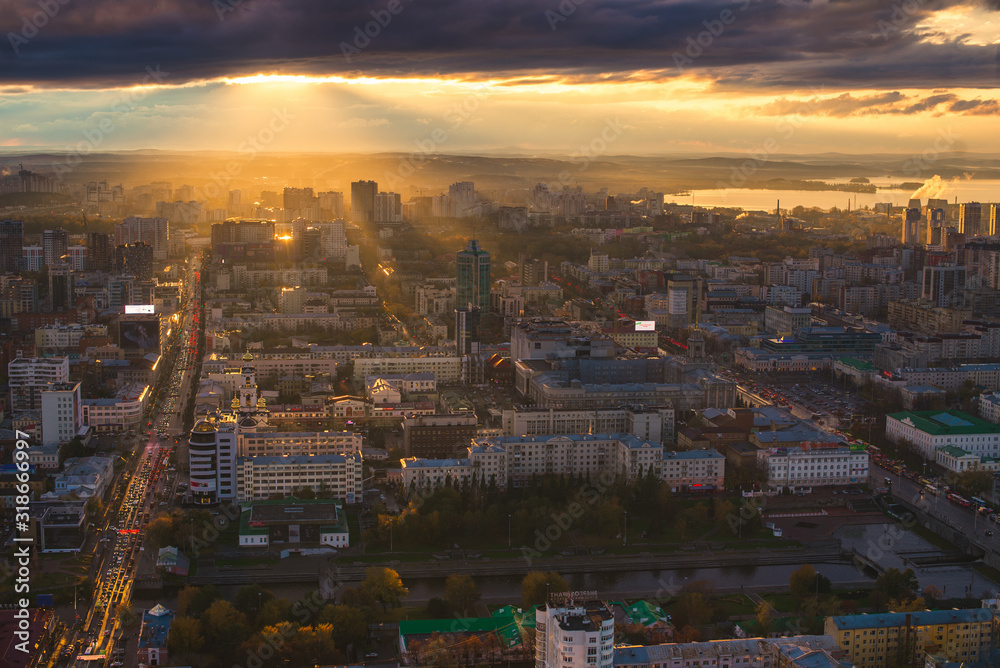view of the evening evening morning city center with a river pond after rain dawn sunset in the city of yekaterinburg iset sverdlovsk ural russia