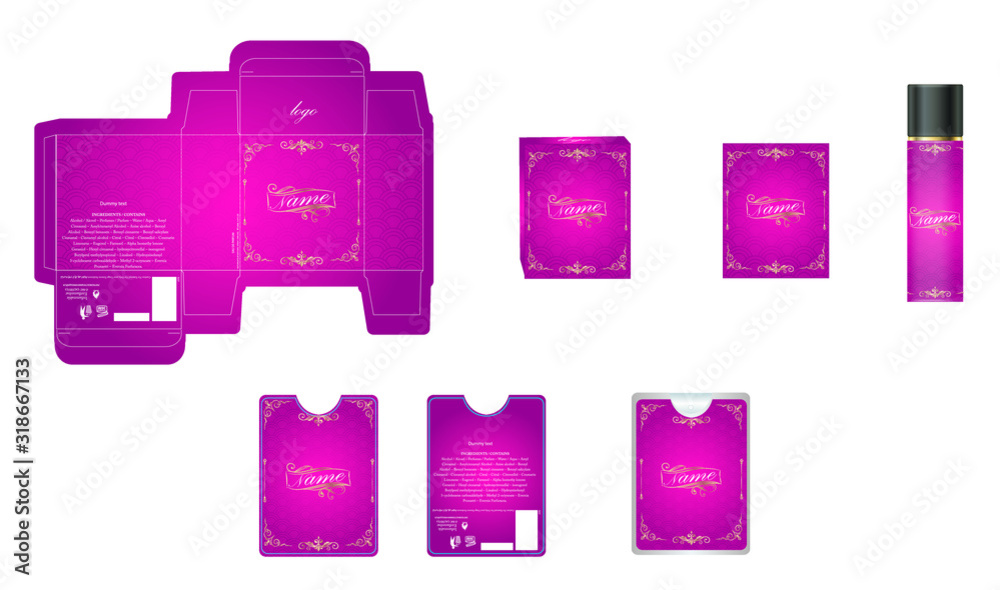Packaging design, luxury perfume box,  pocket perfume and deo design template and mock up box. Illustration vector.