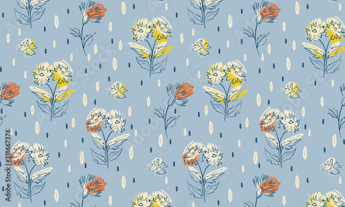 Floral ornament on a light blue background. Freehand drawing.  vector pattern for textile, interior, wrapping paper or postcards.