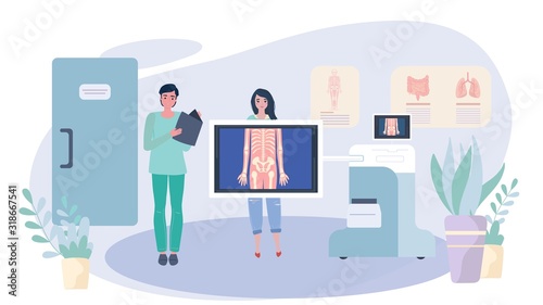 Doctor examines patient with x ray, healthcare clinic diagnostics, vector illustration