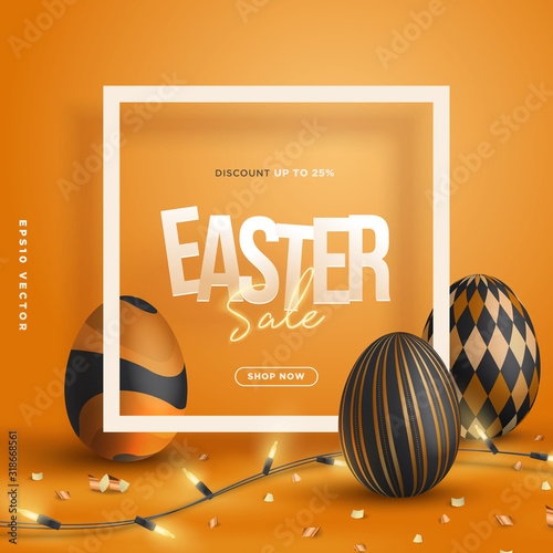 3d trendy Easter party sale promo banner frame background vector illustration with golden decorative eggs, confetti and string lights