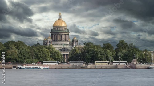 View of The St. Isaac's Cathedral in Saint-Petersburg in a dramatic cloudy day. Russia
