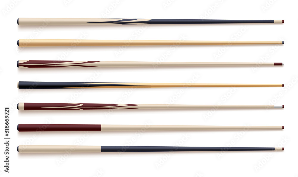 Realistic vector set of wooden billiard cues isolated on white white background Realistic vector set of wooden billiard cues isolated on white white background