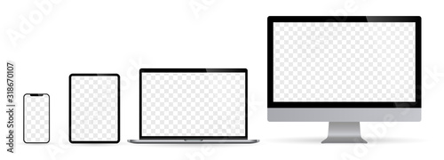 Realistic set of computer monitors desktop laptop tablet and phone with checkerboard screen and white background. Isolated illustration vector illustrator Ai EPS