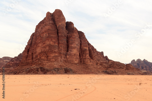 Mountain Seven Pillars of Wisdom at desert Wadi Rum, Jordan