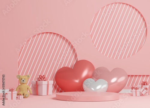 Glossy luxury podium for your design. Pink gift box, Teddy bear and Pink balloon on pastel background. Happy Valentine's Day.