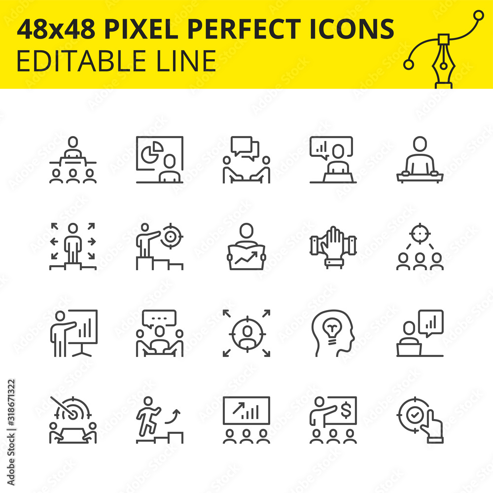 Scaled Icons - Business Training. Includes Diagram, Board, Manager, Teacher etc. Pixel Perfect 48x48, Editable Set. Vector.