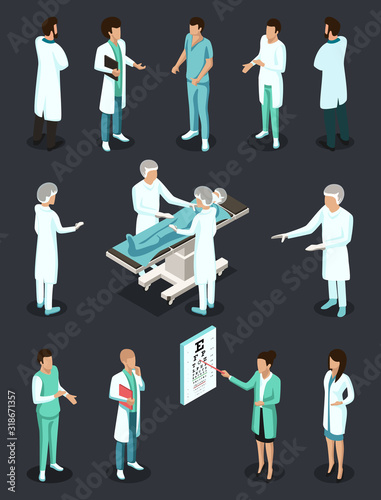 Isometric Characters Set of Doctors, Nurses, Surgeons Orderly. Healthcare And Medicine Concept. Medicine People Collection. Flat Style. Vector Illustration