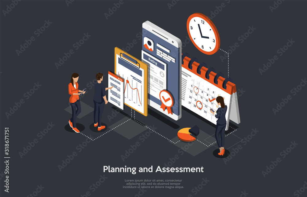 Isometric Concept Of Research and Develop Of Mobile Application. Business people, Man and Women are Working on Planning and Assessment of Mobile Application. Vector illustration Isometric Concept Of Research and Develop Of Mobile Application. Business people, Man and Women are Working on Planning and Assessment of Mobile Application. Vector illustration
