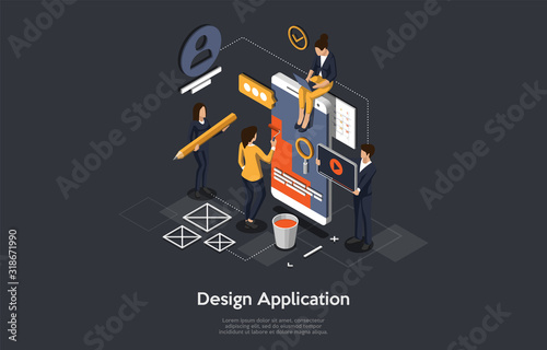 Isometric Concept Of Research and Develop Of Mobile Application. People are Making the Mobile Application Design. Vector illustration