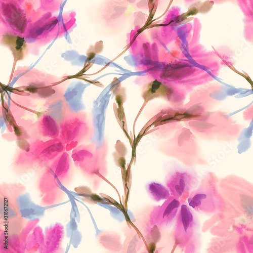 Watercolor Flowers Seamless Pattern. Hand Painted Background.