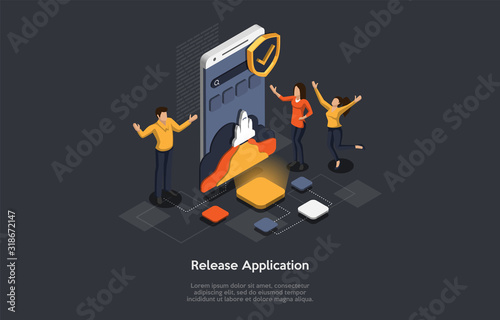 Isometric Concept Of Research and Develop Of Mobile Application. People are Making the Mobile Application Release. Vector illustration