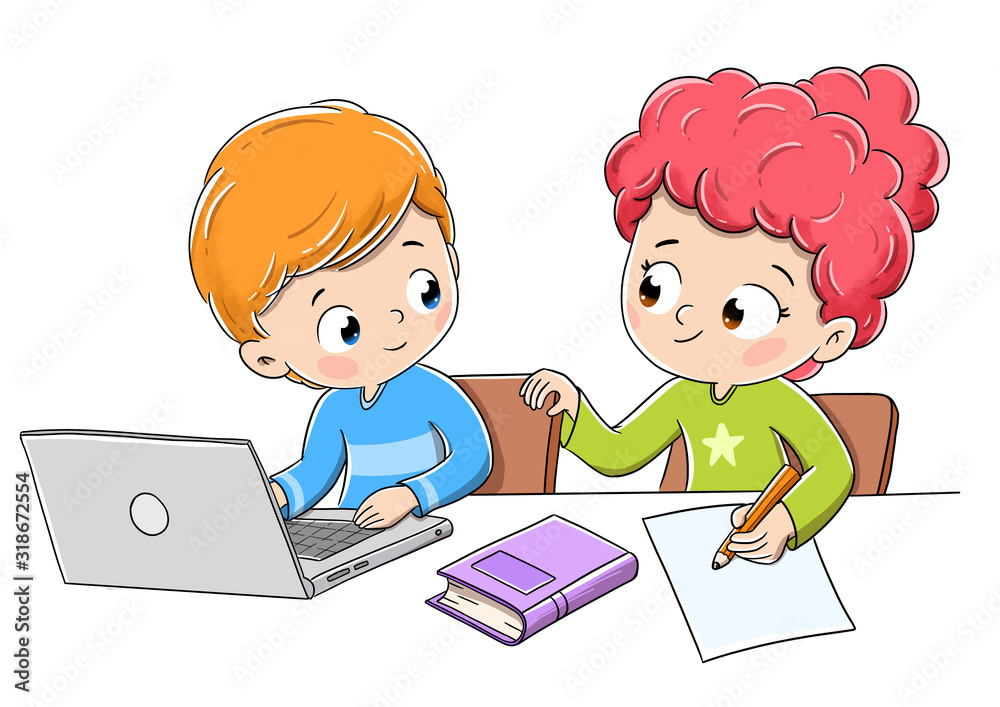 Children doing homework with a computer and a book Children doing homework with a computer and a book