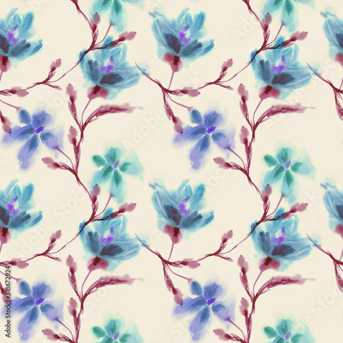 Fototapeta Naklejka Na Ścianę i Meble -  Watercolor Flowers Seamless Pattern. Hand Painted Background.