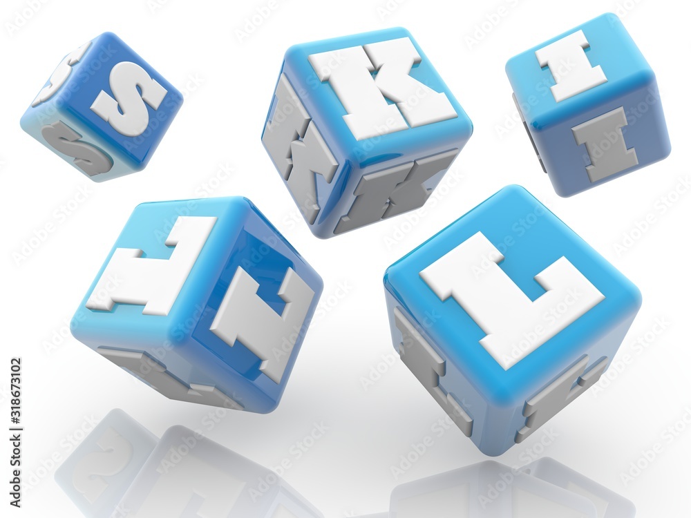 Skill concept on blue toy blocks in motion Skill concept on blue toy blocks in motion