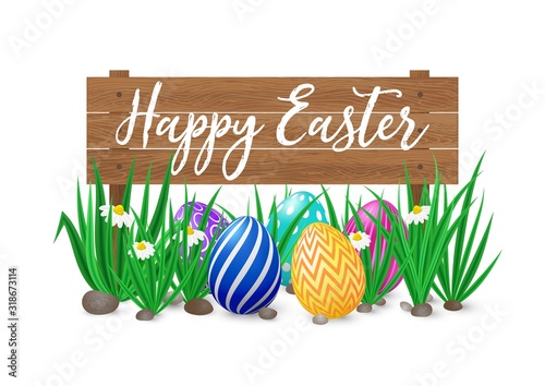 Cute vector card Happy Easter with wooden signboard, green grass and spring flowers and decorated eggs. Easter poster with realistic grass meadow, blooming Bellis and eggs. Card design, template.