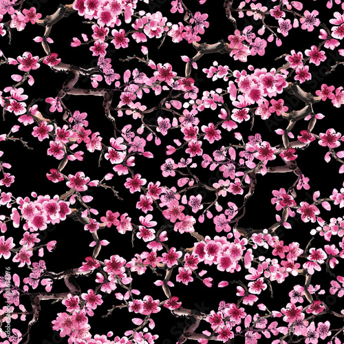 Blooming watercolor sakura painted in japanese style on black background, sea...