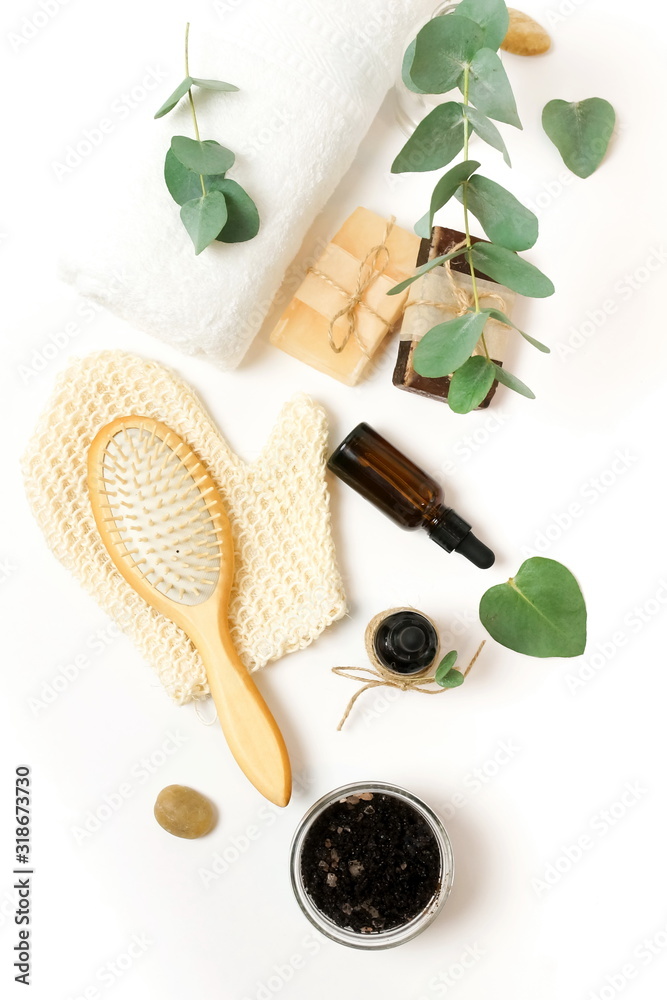 Spa background with wellnes, bath products zero waste , sea salt, towels, aroma oil in bottles on white backdrop. Beauty, body care concept. copy space Spa background with wellnes, bath products zero waste , sea salt, towels, aroma oil in bottles on white backdrop. Beauty, body care concept. copy space