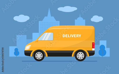 Delivery truck van rides on the background of city © zhenyakot