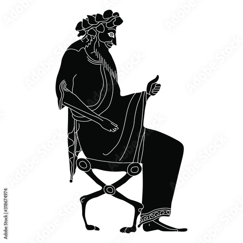 Ancient Greek man or god sitting on throne. Black and white silhouette.