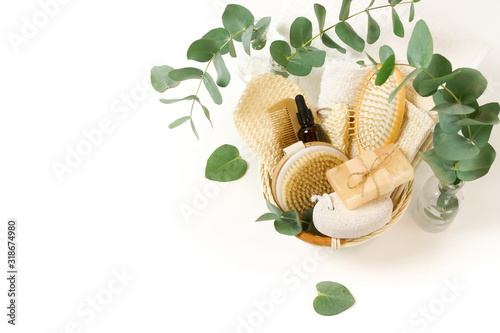 basket with spa and bath products zero waste with copy space on white background. Beauty skincare concept. 