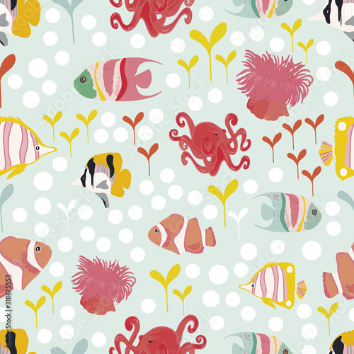 Vector seamless pattern background with tropical fishes.