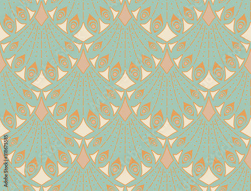 Art nouveau seamless pattern in green colors. Vintage elegant background