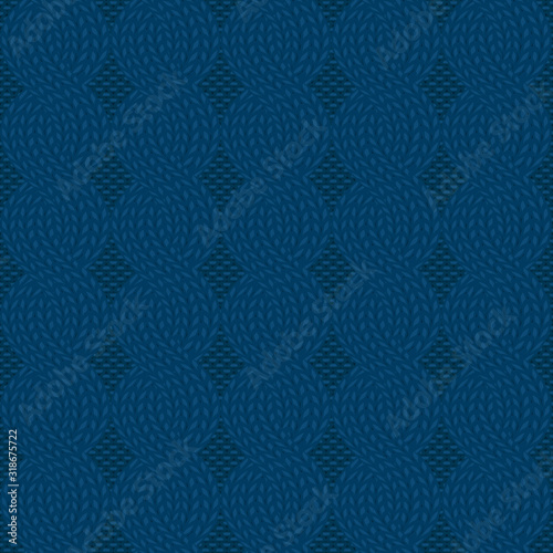 Seamless cable knit blue pattern. Handycraft background