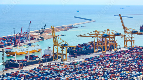 Barcelona, Spain - April 8, 2019: Industrial Port for freight transport and global business.