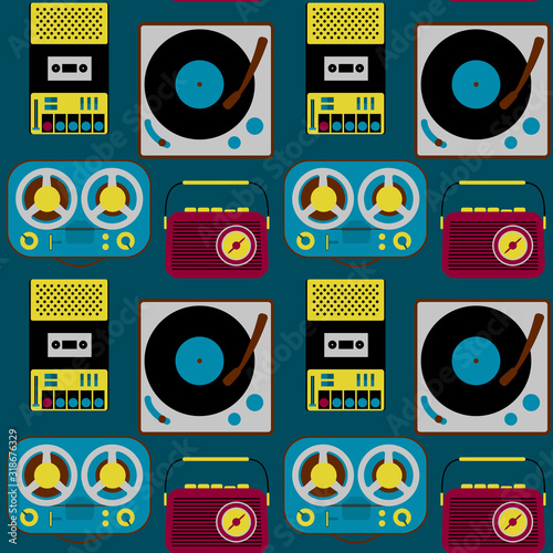 Vintage electronics seamless pattern. Retro background radio, type recorder and vynil record player in style of 60s and 70s