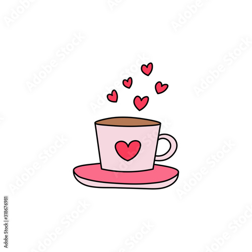 Hand drawn tea cup flat vector icon isolated on a white background.Hearts flying from tea cup.Valentine's day concept.