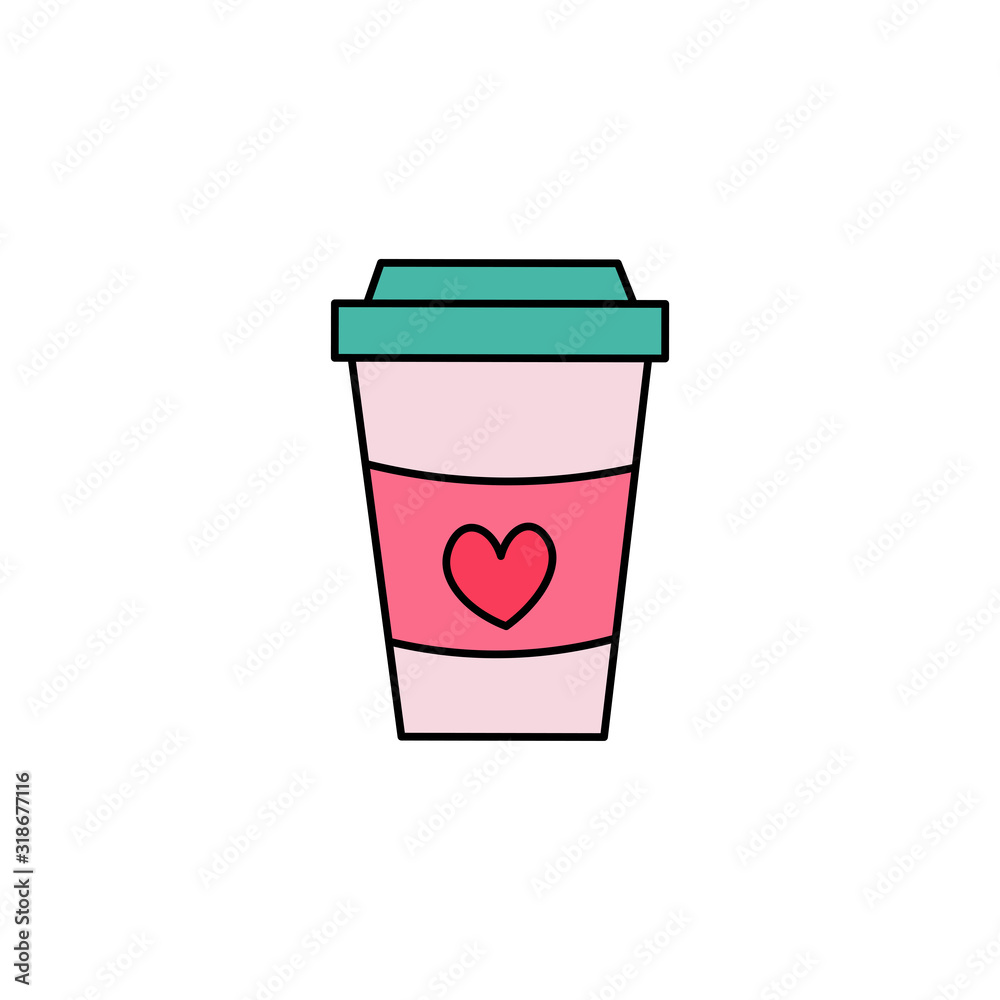Hand drawn coffee cup flat vector icon isolated on a white background.Valentine's day concept.Doodle cup. Hand drawn coffee cup flat vector icon isolated on a white background.Valentine's day concept.Doodle cup.