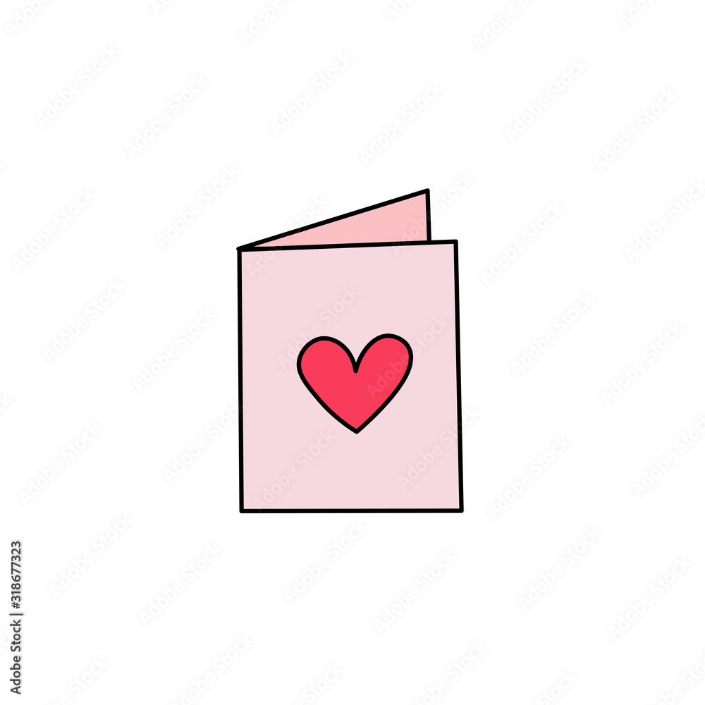 Valentine’s Day vector greeting card flat vector icon.Hand drawn pink greeting card with red heart on it isolated on a white background. Valentine’s Day vector greeting card flat vector icon.Hand drawn pink greeting card with red heart on it isolated on a white background.