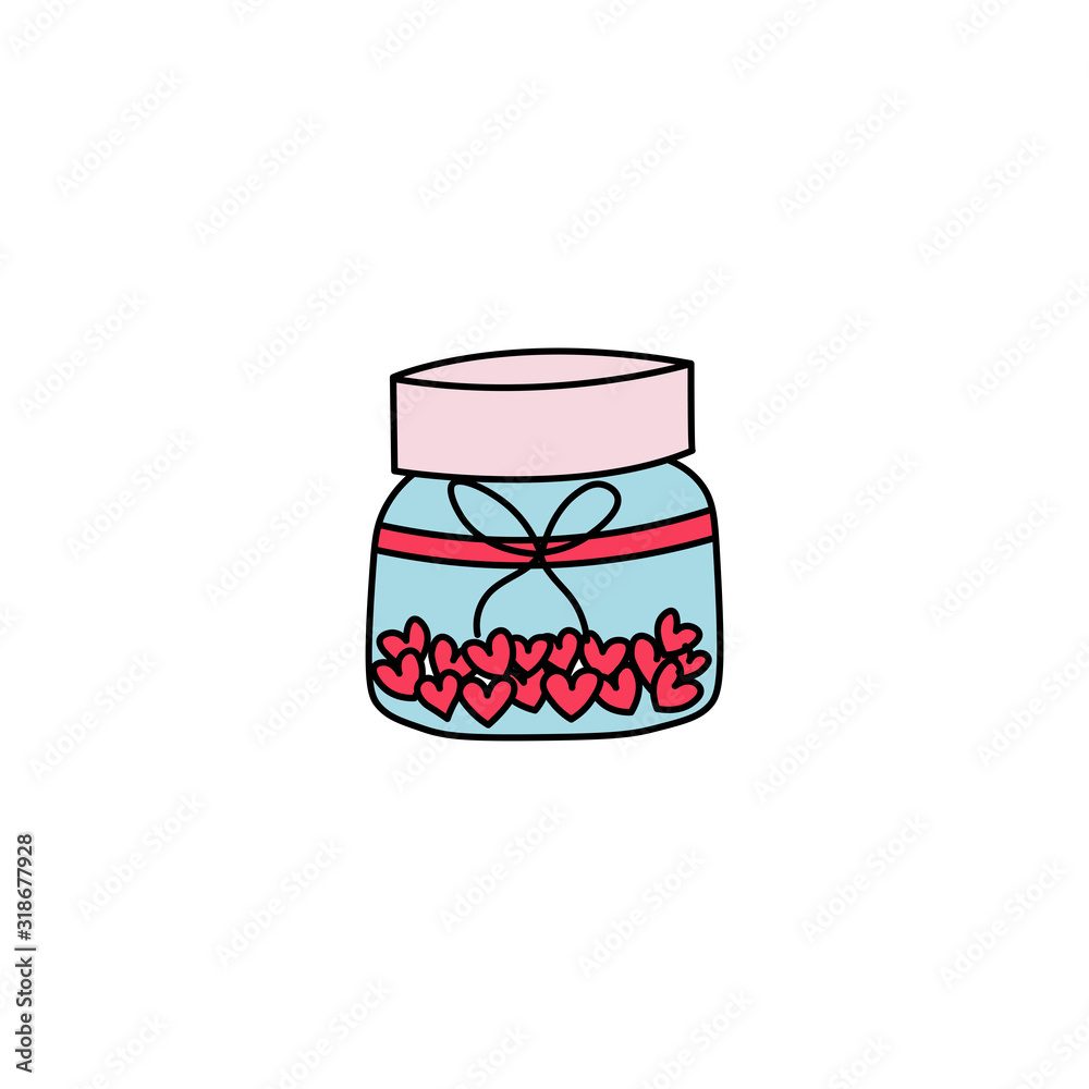 Hand drawn jar filled with hearts flat vector icon isolated on a white background.Valentine's day concept gift. Hand drawn jar filled with hearts flat vector icon isolated on a white background.Valentine's day concept gift.