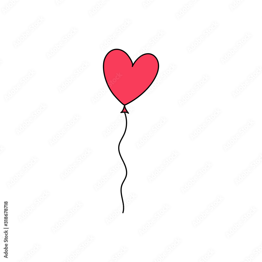 Red hand drawn flying heart shape balloon flat vector icon isolated on a white background.Valentine's day balloon doodle icon. Red hand drawn flying heart shape balloon flat vector icon isolated on a white background.Valentine's day balloon doodle icon.