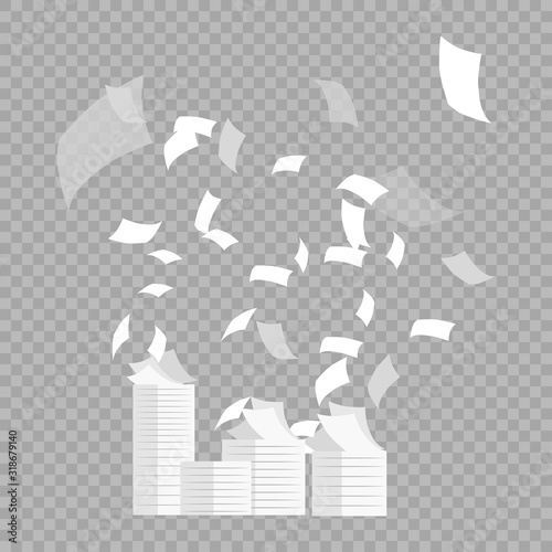 Realistic 3d Detailed White Blank Empty Flying Papers on a Transparent Background. Vector illustration of Falling Paper