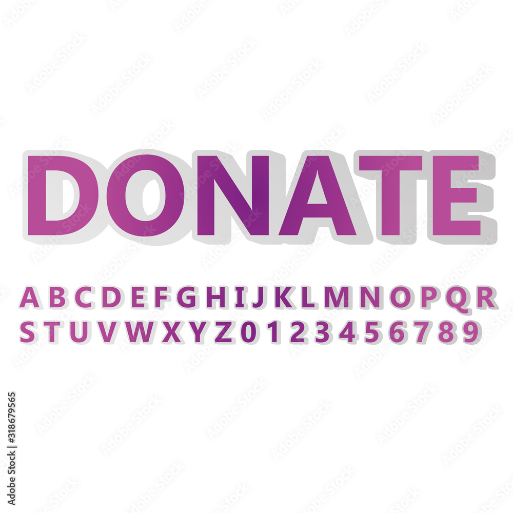 3d violet font alphabet and numbers, donate word on white background 3d violet font alphabet and numbers, donate word on white background