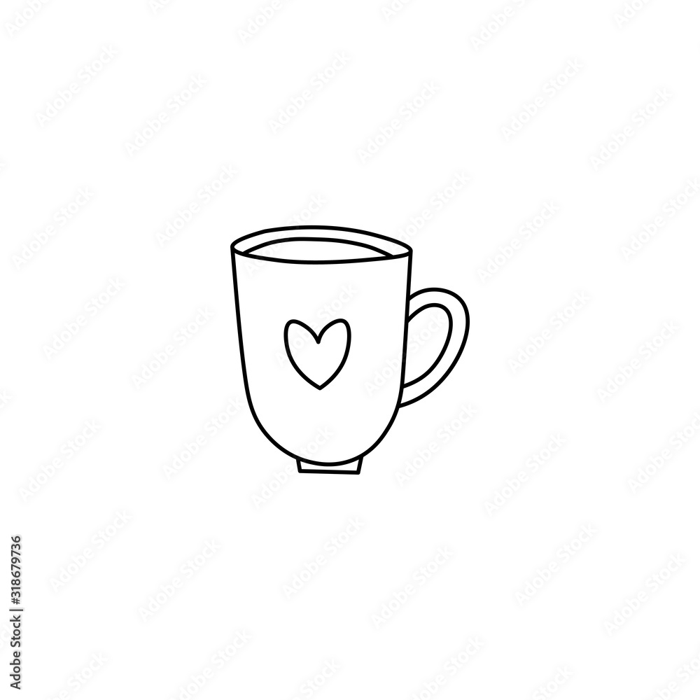 Hand drawn coffee mug flat vector icon isolated on a white background.Coffee mug with heart on it.Valentine's day coffee mug.