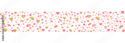Gold glitter and pink heart border. Bright hearts confetti falling on white background. Valentines Day banner for greeting cards, wedding invitation, gift packages. Vector illustration