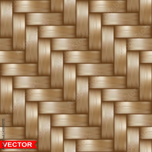 Realistic Realistic bright brown braided wooden wicker parquet texture. Design element for mock up, background design, text message, vintage concept. Seamless pattern background. Layered vector.