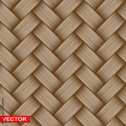 Realistic dark brown braided wooden wicker parquet texture. Design element for mock up, background design, text message, vintage concept. Seamless pattern background. Layered vector.