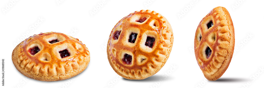 Obraz premium Cookies with strawberry filling on a white isolated background