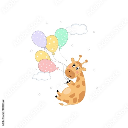 Dekoracja na wymiar  vector-illustration-of-a-cute-giraffe-hanging-on-balls-children-s-print-on-clothes-greeting-card-party-invitation