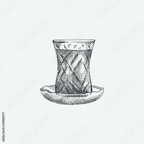 Hand-drawn vintage sketch of tea glass on a saucer on a white background. The glass in the shape of a pear used in Azerbaijan is also known as armud glass.  